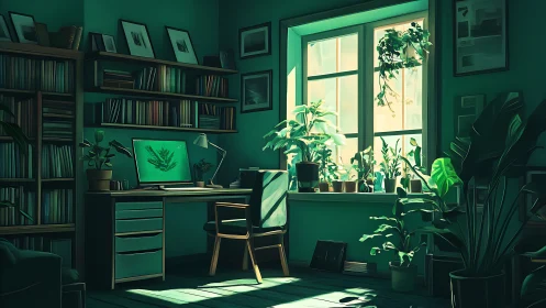 Biophilic home office with lush plants and teal lighting.
