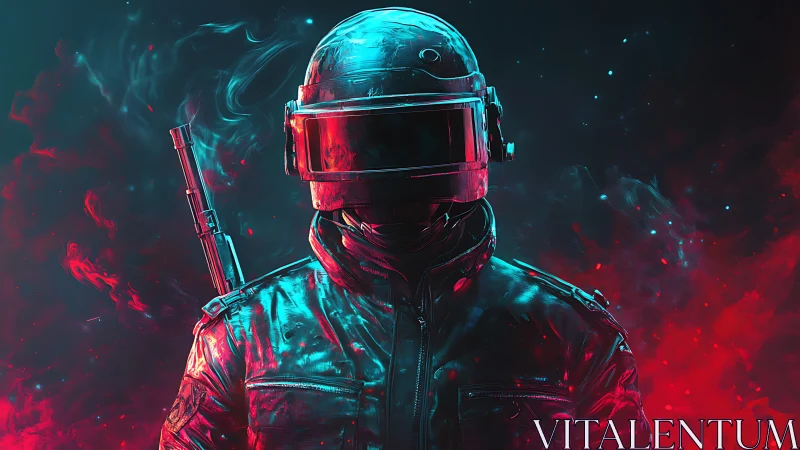 Armored neon trooper with visor helmet in red cyan haze