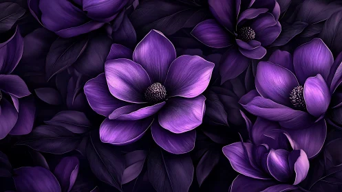 Deep Purple Florals. Luminous Petals Against Black.