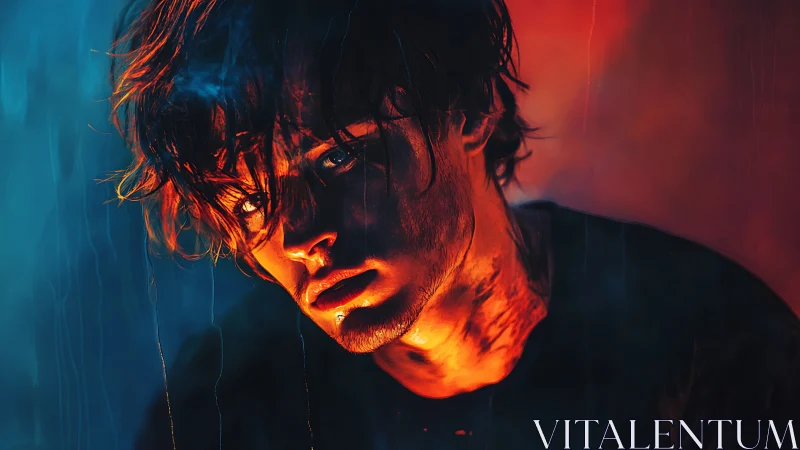 Rain-soaked ember boy caught between neon blue and firestorm.