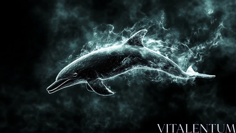 Holographic wireframe dolphin in ethereal digital nebula.