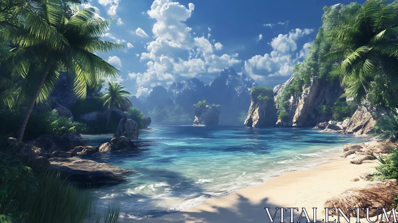 Tropical Lagoon with Limestone Cliffs and Palm-Lined Beach Formations