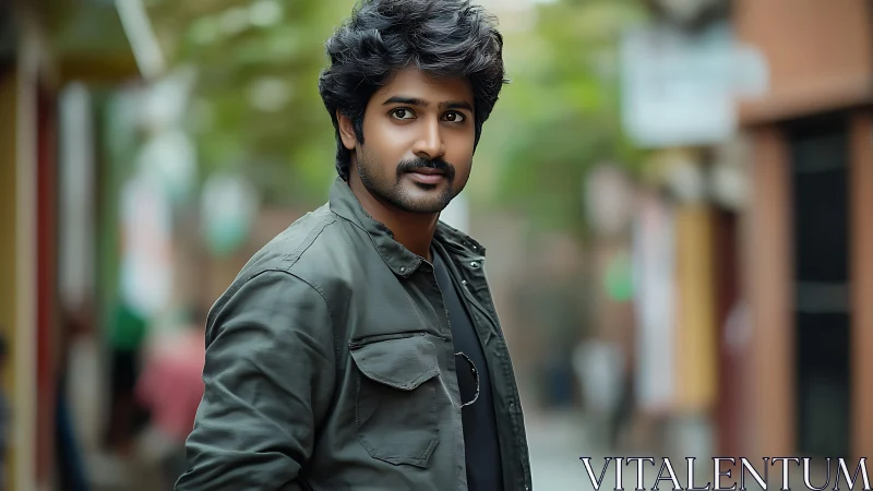 Streetwise gaze in soft-focus city light and muted color tones.