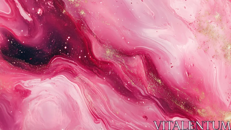 Cosmic strawberry nebula swirling in gold-kissed blush seas.