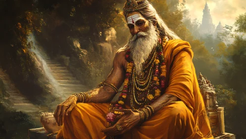 Serene sage in saffron robes rests amid temple garden light