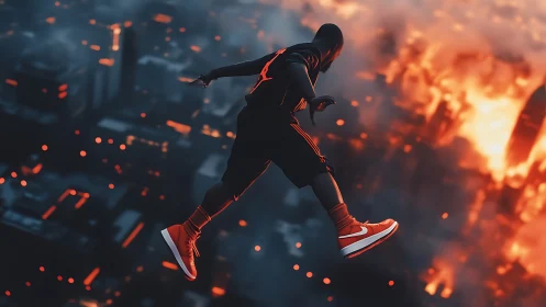 Figure in midair over burning cityscape in low key lighting