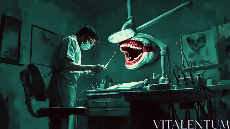 Surreal dentist in dim clinic facing floating gaping mouth.