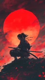 Samurai silhouette crouches before oversized red sun disk