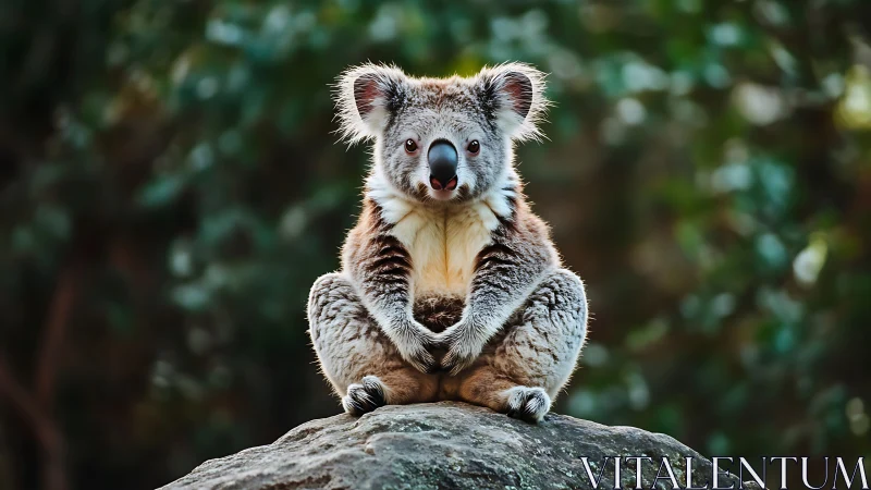 Koala yogi perches on stone throne, mastering forest calm