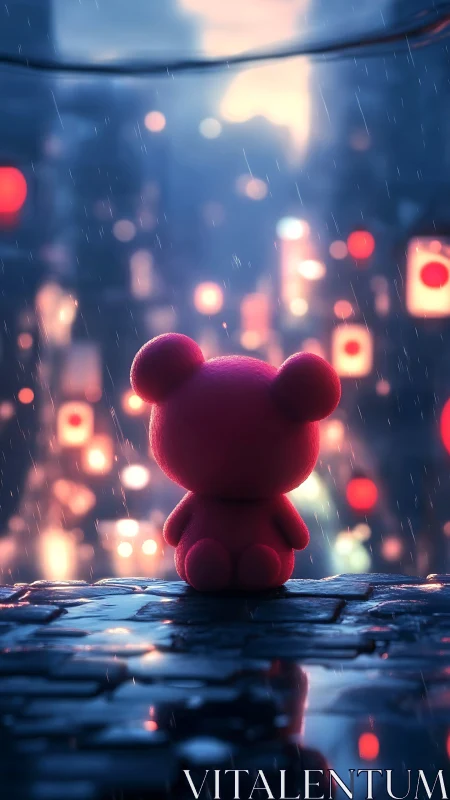 Pink plush bear figure in rainy neon lit urban alleyway.