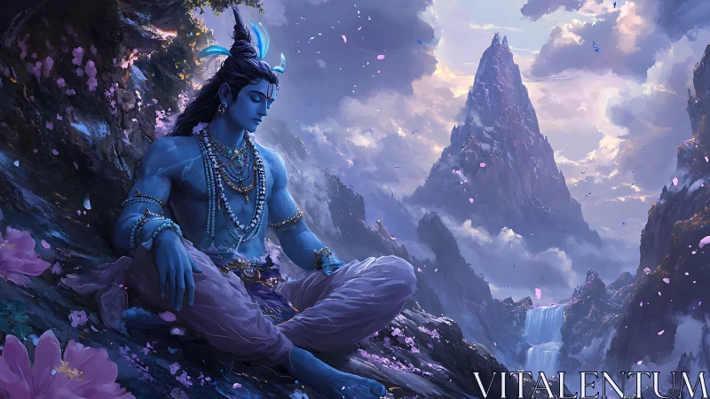 Blue-skinned deity meditates by Himalayan waterfalls at dusk