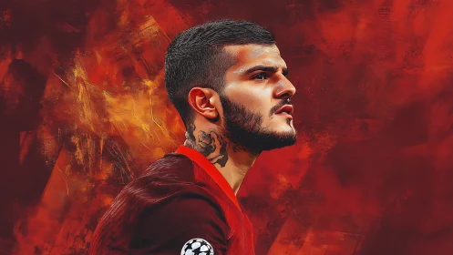 Side-profile football portrait over blazing red textures.