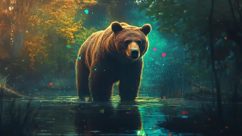 Bioluminescent forest brown bear in shallow reflective stream
