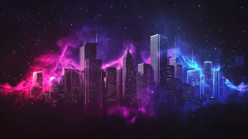 Neon-lit city skyline stands against cosmic starfield glow