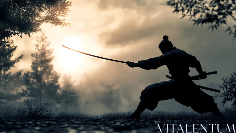 Samurai silhouette poised at dawn in misty forest clearing.