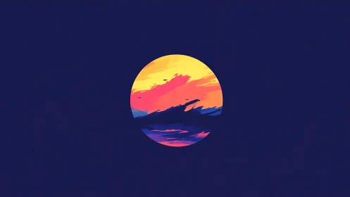 Chromatic circular sunset horizon with vector gradients.