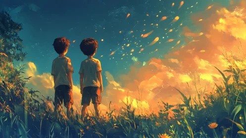 Two boys watch glowing sky over sunlit wildflower field.