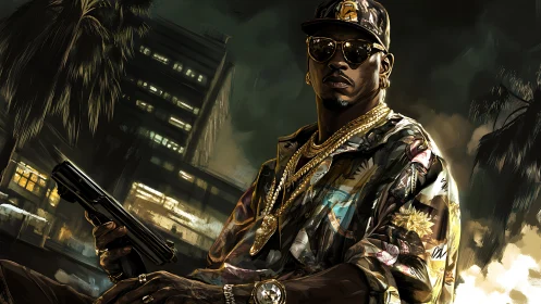 Street kingpin grips pistol under neon city skyline.