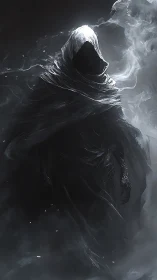 Hooded wraith emerges from swirling smoke in eerie gloom
