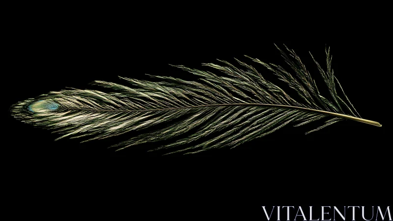 Single peacock feather on black background, lateral view.