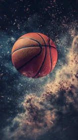High-speed basketball in midair with particle debris and cosmic dust