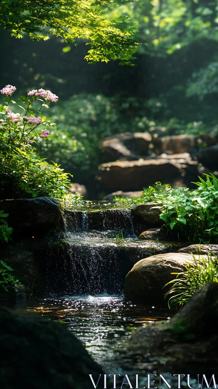 Gentle garden waterfall welcomes sunlight and soft green calm