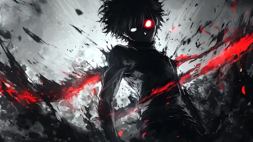 Silhouetted figure with dual eyes amid red energy streaks.