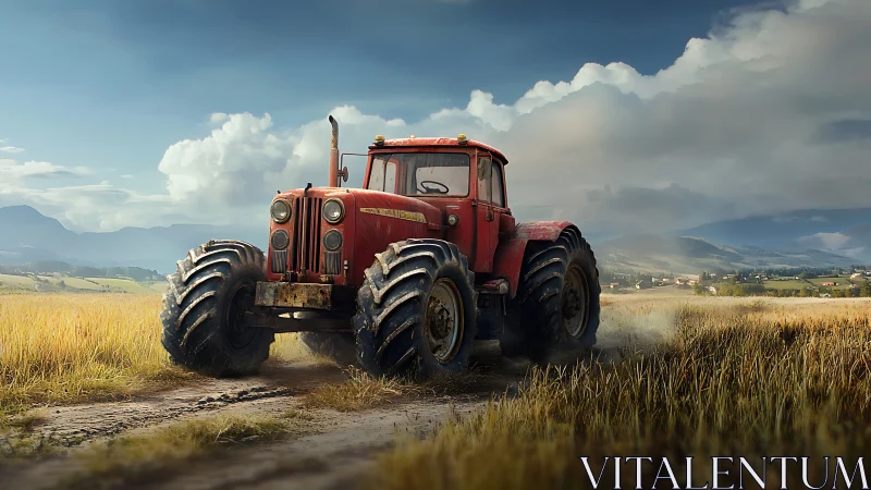 Red tractor moves through rural wheat field under clouds