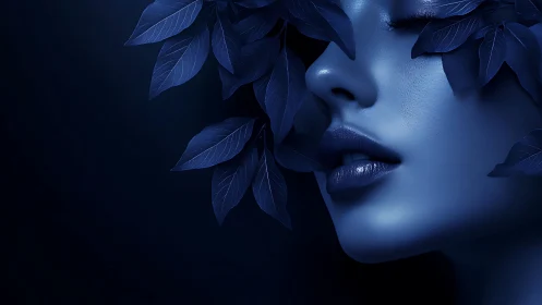 Moonlit portrait gently wrapped in deep blue leaves