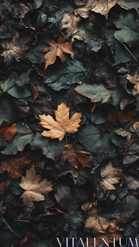 High-contrast macro of autumn maple leaves on damp forest floor