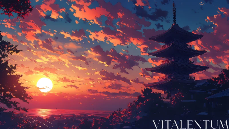 Sunset burns behind silhouetted seaside Japanese pagoda