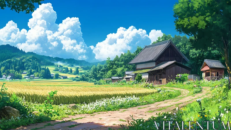 Summer-lit Japanese farmhouse beside golden rice paddies