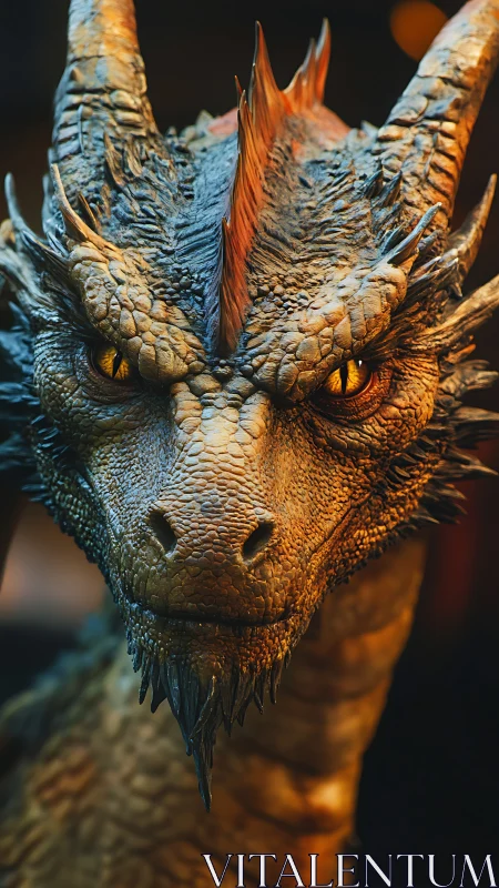 Fierce dragon portrait stares ahead in molten golden light