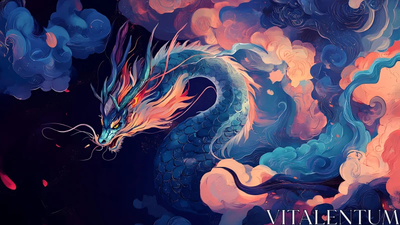 Radiant sky dragon drifting through swirling painted clouds.