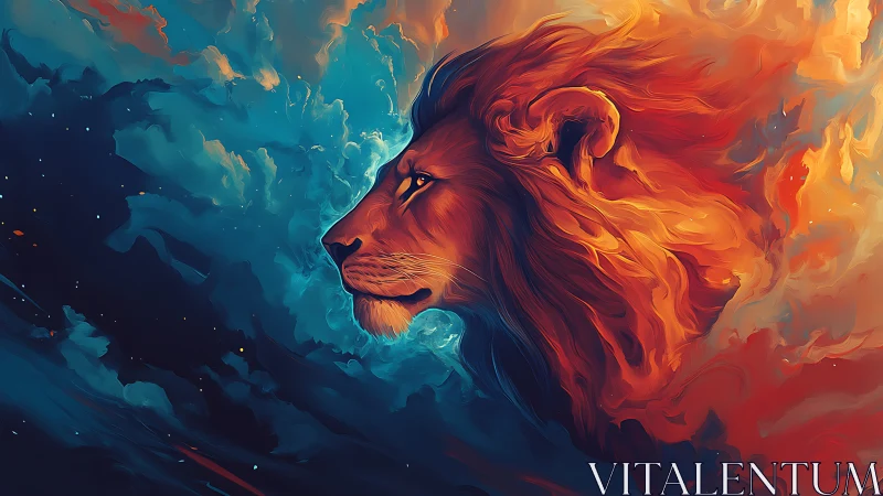 Majestic lion profile in swirling dual-tone nebula clouds.