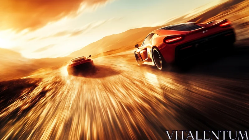 Sunset supercars slingfire down a molten canyon highway.