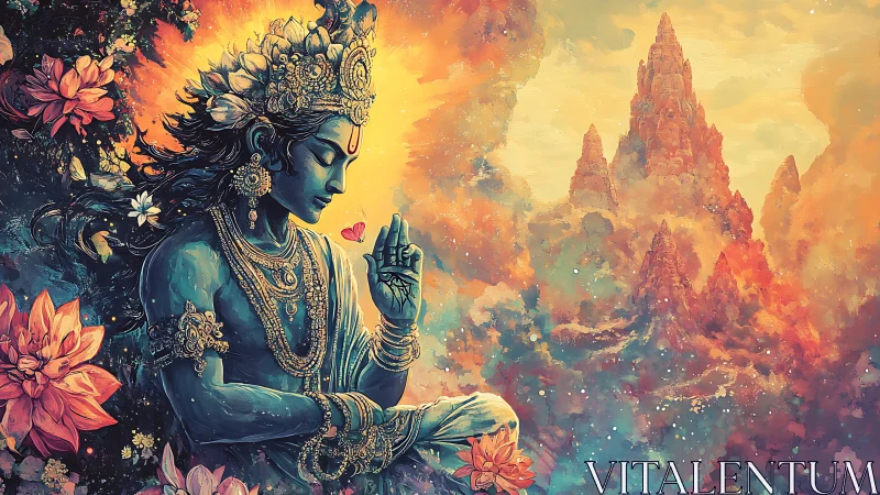 Mythic blue deity in ornate regalia framed by radiant nebulae