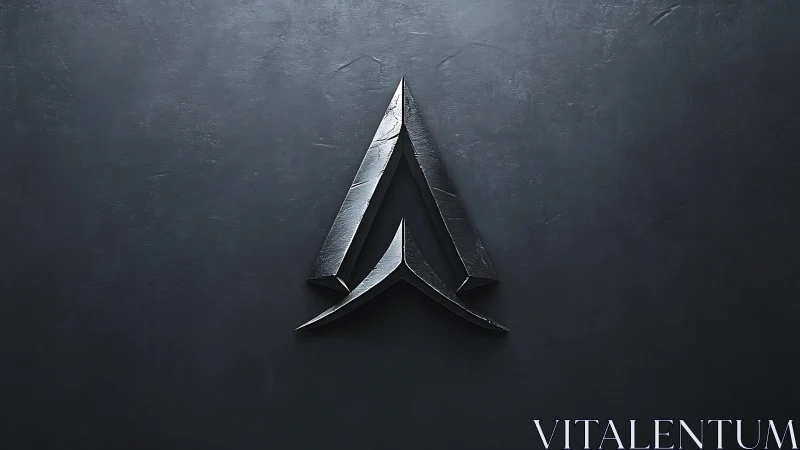 Metallic abstract arrow emblem on dark textured background.