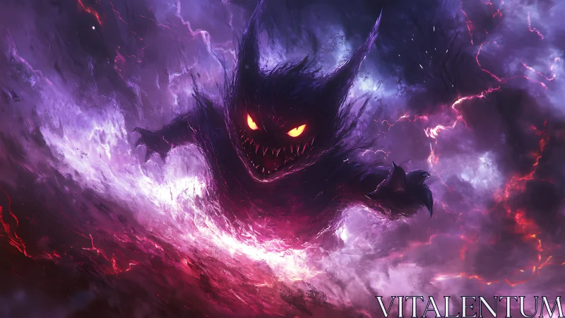 Storm-born shadow fiend surges through violet lightning veil.