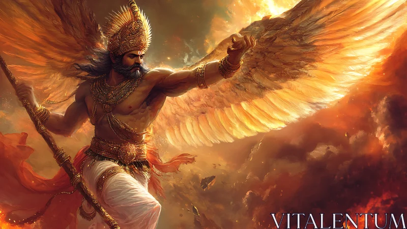 Winged fireborn guardian storms a blazing celestial sky.