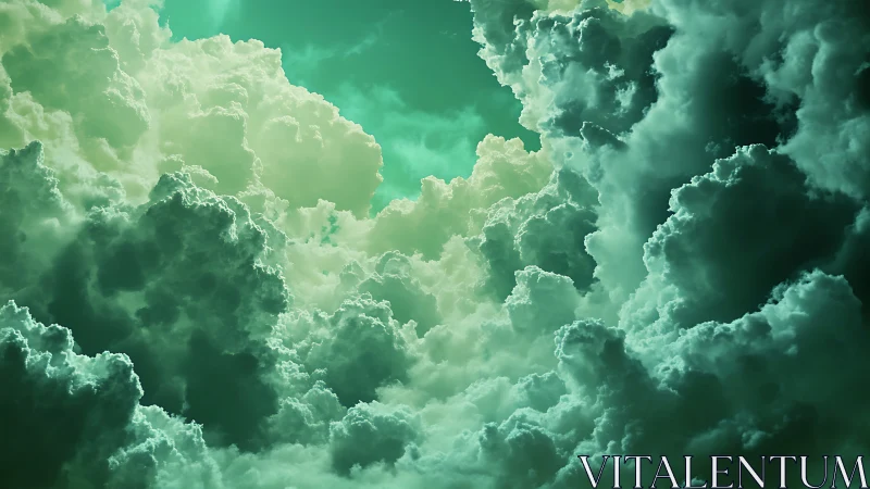 Dense teal tinted cumulus clouds fill vertical sky space