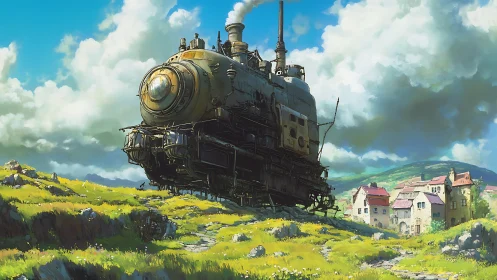 Rustic fantasy locomotive crossing bright rural meadow.