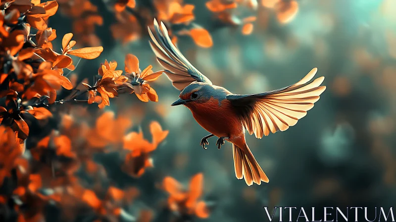 Small songbird hovering near orange foliage in focus.