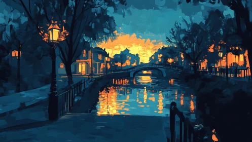 Canal bridge glows at sunset in moody teal and amber light