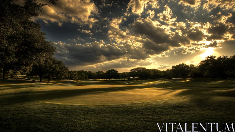 Sunlit golf fairway under dramatic storm-lit clouds.