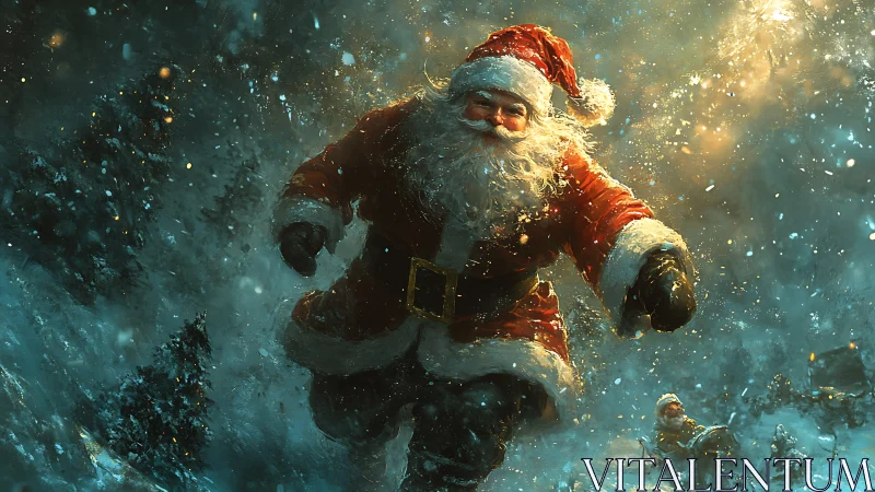 Santa figure moving through illuminated winter landscape.