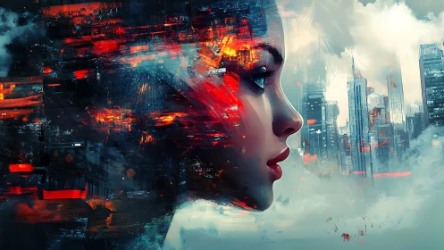 Neon-infused cybernetic profile interfacing with vaporous megacity.