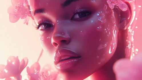 Iridescent portrait with glossy petals and liquid light bloom.