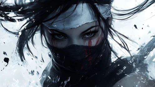 High-contrast ninja portrait uses dynamic brushwork and directional motion