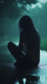 Silhouetted seated figure in rain on wet outdoor surface.